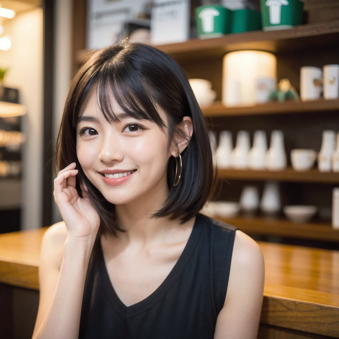 super high quality, Short Hair, Slender, Gravure photoshoot, The staff is working at the counter in the back., (8k、RAW Photos、highest quality、masterpiece:1.2), Japanese Idol, Shaggy, necklace, Stylish café, The cafe is crowded with people enjoying themselves., (Realistic、Photorealistic:1.37), Mesh Hair, Golden Ratio, Raw photo, Cute face , Earrings, Small breasts, Blurred Background, Silver Hair, Spring Clothes, Well-designed furniture, Beautiful hairstyle, Spoiled, Short Bob Hair, Open Cafe, Smile, Hair blowing in the wind, Neat clothes, 18-year-old, 

