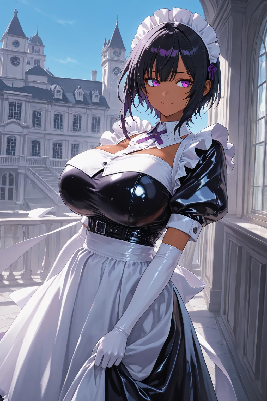 masterpiece, best quality, <lora:maidlilith-nvwls-v1-000009:0.9> defLilith, dark skin, maid headdress, detached collar, maid dress, cleavage, short sleeves, puffy sleeves, white elbow gloves, apron, huge breasts, smile, looking at viewer, smile, blue sky, clouds, balcony, looking at viewer, cowboy shot
