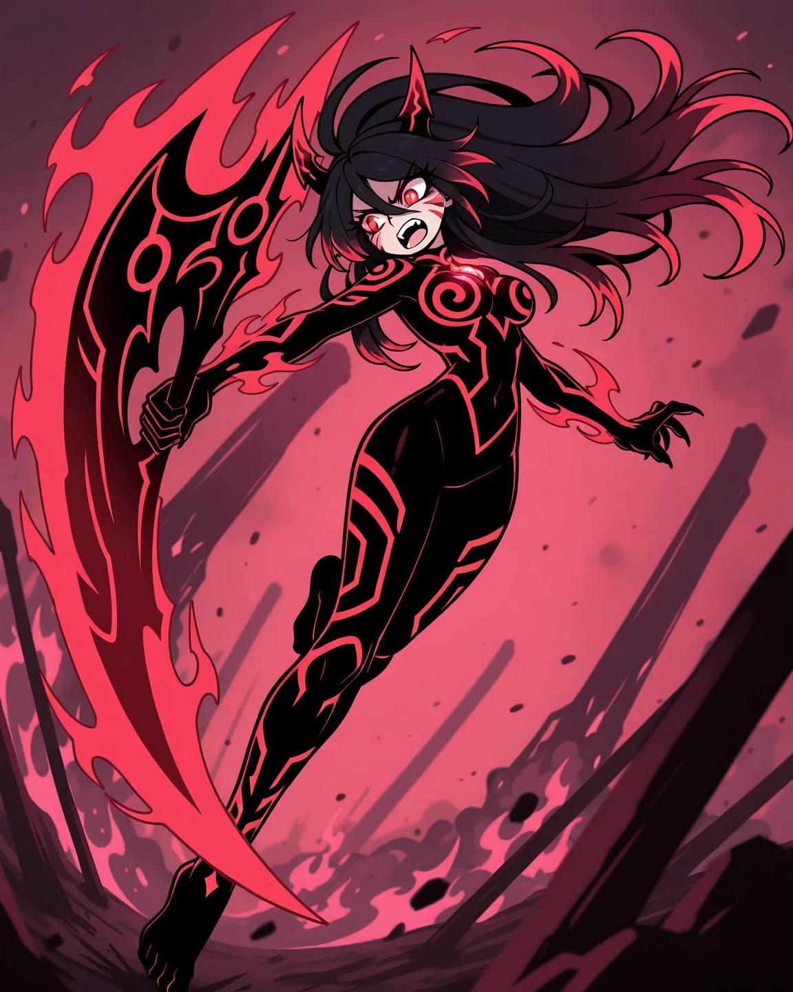 1girl,adult,fit,30s,sensual,black armor,cleavage,pointy ears,black hair,long hair,(((red skin,colored skin))),night,moon,((flying)),evil smile,dynamic pose, horns,fire magic,full body,graceful