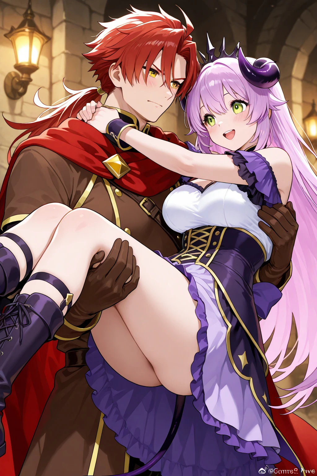 (( 1girl in)), NSFW、blush,Purple hair、(verd s eyes)、( Red Leotard) 、Armpits、((huge-breasted))、big butts、((thick thighs))、(((((orc is grabbing her ass)))))、Hands behind the head、Sweat、(spreading legs)、sitting on、:o、Wavy mouth、From below、Brown skin、Purple Boots、Purple gloves、(Dark caves)