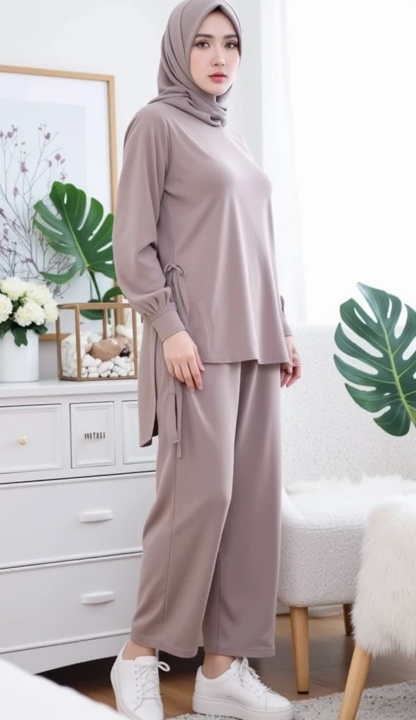 Indonesian woman, chubby body, wearing long dress, wearing hijab