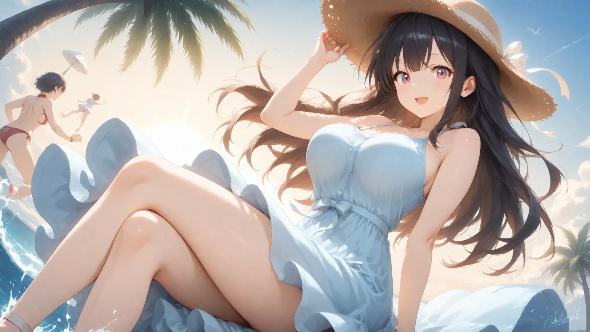 masterpiece, Highest quality, View Viewer, look up, From above, Kiss the viewer, Ocean, Exposing shoulders, Open your mouth,White swimsuit,マI'm comingロビキニ,Low-rise string shorts,short hair,One person, Chubby, Big breasts, Spread your legs wide, I'm coming
