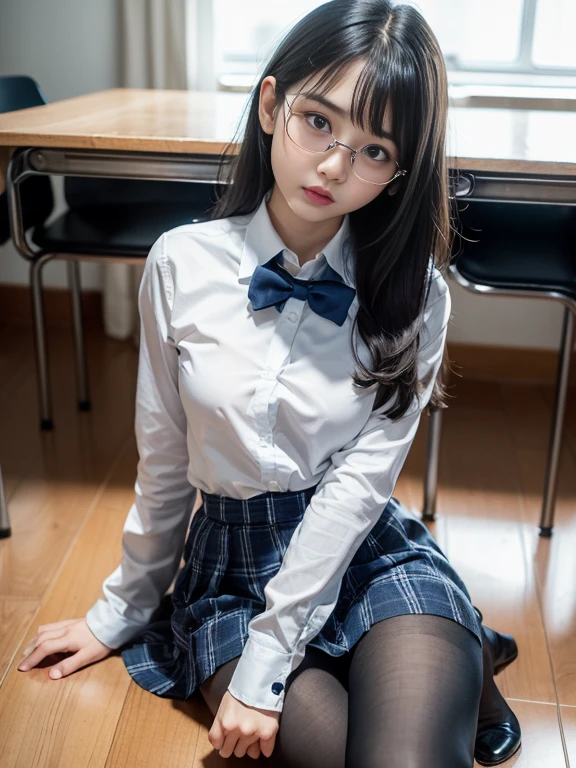(I can see my underwear)、((細いeye))、((細いeye))、((細いeye))、(8K、生photographgraphy、highest quality、masterpiece:1.2),、small、(flat chest)、(flat chest)、(flat chest)、(flat chest)、(flat chest)、(Are thin)、Fair skin、Whitening、dark look、skinny,sex appeal,Fair skin肌,Saucy,School,looking at the viewer,looking straight ahead,high-pitched clothes,erotic,students,white skin,knees,(((black pantyhose)),((black pantyhose))),disorganized,(small face),(small face),I can see the forehead,Bangs hanging from the left and right sides of the forehead,(cold look,eyeがきつめ,glare,bullish,anger)、masterpiece,highest quality、ultra high resolution,生photograph,beautiful,beautiful,There is only one person, solo,Glasses,,dark look,small breasts same,full body,(まるGlasses),JK uniform,high school girl,japanese woman, (photorealistic:1.37)、photon mapping,Reality、beautiful woman,cute baby face,ブラウンeye、black socks、(red bow tie)、radio city、Physically based rendering、depth of field rally background、photograph,body,beautiful feet, long legs, thin legs,(I can see my bangs), Hairy pubic area, lips, blue_eye, nose soft,(light blue dress shirt), (Navy, blue and white plaid pleated skirt), kneesが見える,transparent clothing,, Peaches, black cotton socks,Nogizaka Idol, , japanese idol