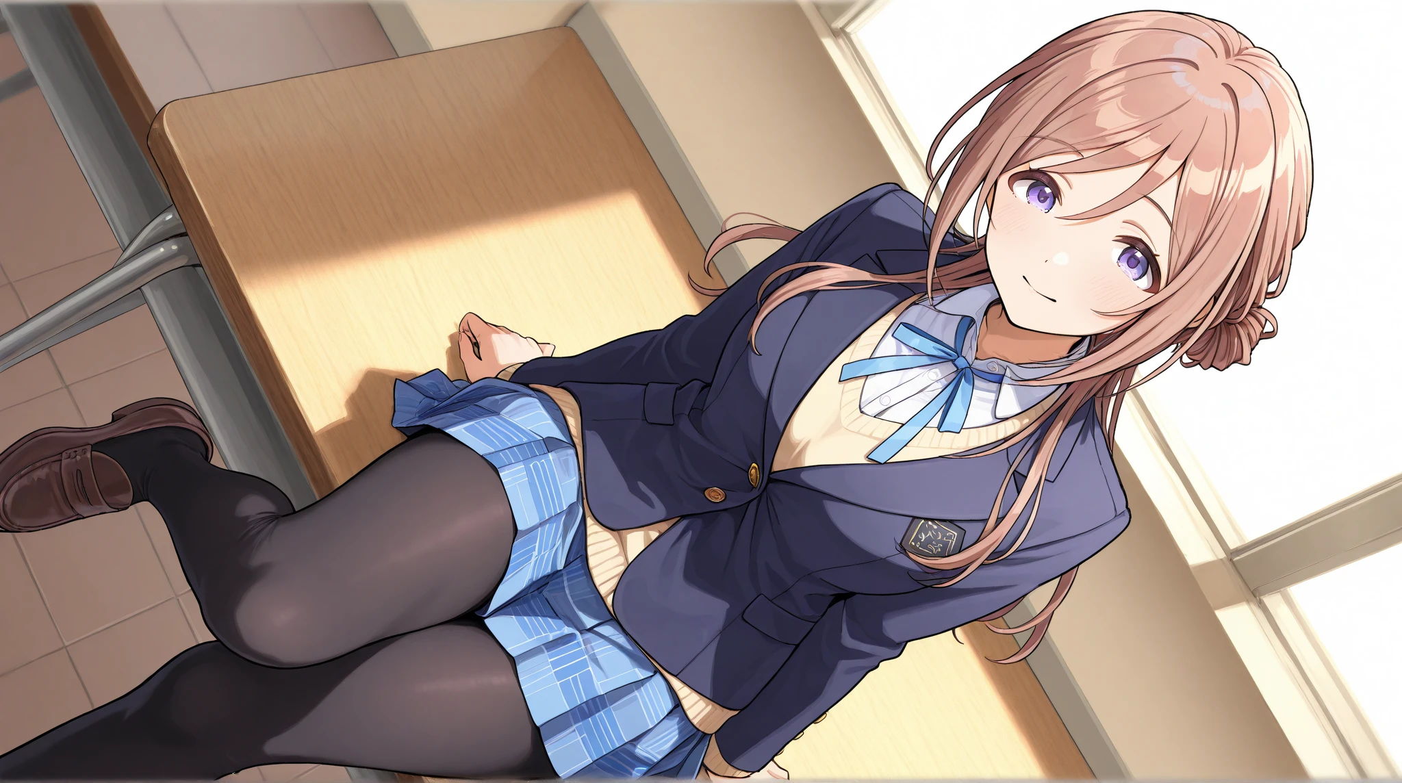 32k, best quality, 1girl, skirt, thighhighs, bow, jacket, pleated skirt, shoes, black thighhighs, The Great Passage, plaid, plaid skirt, blazer, red ribbon tie, , tootsuki , skirt, plaid skirt, thighhighs, black thighhighs, pleated skirt, plaid skirt, Neckband, wide, by rubio, big breasts, purple eyes, Thighs, Side locks, tits, white panties, Masterpiece, Best Quality, high resolution, Beautiful detailed eyes, extremely detailed face, good lighting, Detailed CG, bright lips, in an alley during the day, leaning towards the viewer looking at the viewer, Angry , annoyed, blushing, taking off her panties, bending over a little.