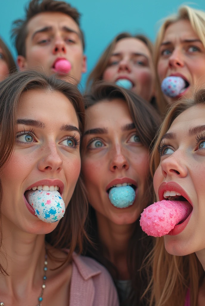 Teenagers in swimsuits, with a face wet with milk and being scared