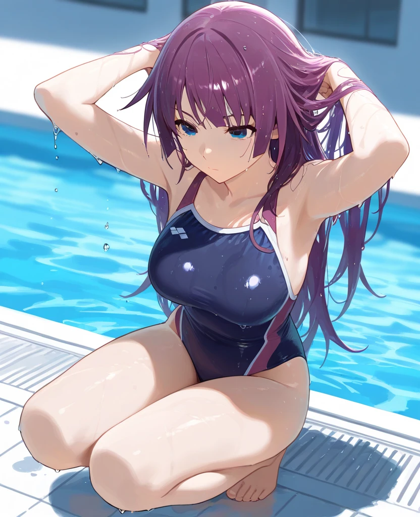anime girl in purple bikini sitting on the edge of a swimming pool, seductive anime girl, realistic bikini, anime moe artstyle, beautiful alluring anime teen, smooth anime cg art, hana yata, rin, is wearing a swimsuit, next to a pool, misato katsuragi, bathing suit, swimsuit, (anime girl), marin kitagawa fanart