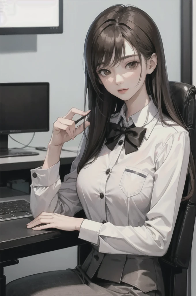 (masterpiece, best quality), a young black haired girl office secretary dressed in a transparent white blouse and black office skirt and black pantyhose ,sitting in an office chair, holding pencil, (detailed skin:1.3),(detailed eyes), (sharp focus), <lora:add_detail:1>