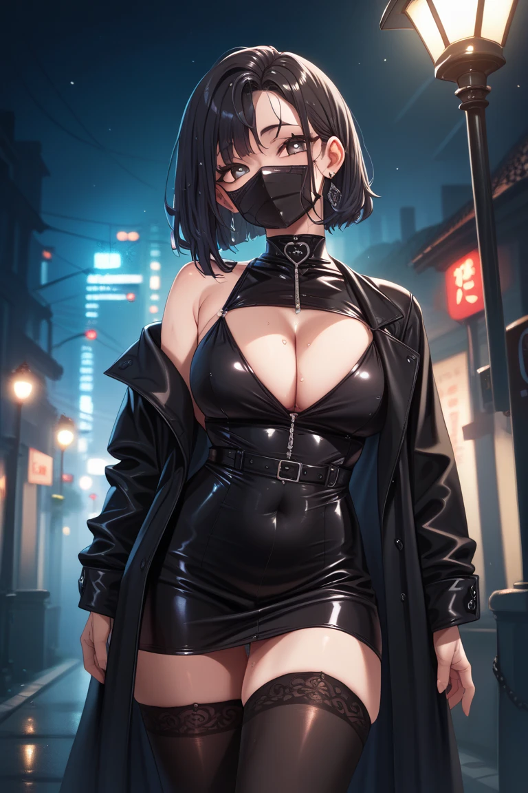 Girl with short black hair, exaggeratedly huge breasts, blindfolded, white skin and thick lips, cyberpunk style, black bikini and jacket on a desolate street with neon lights in japan