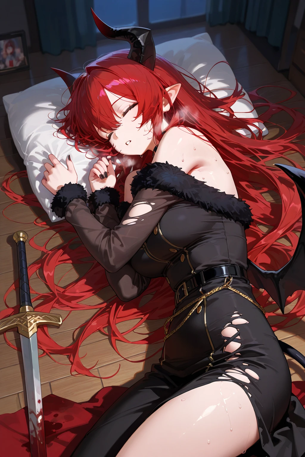 masterpiece, best quality, Eris Boreas Greyrat, green eyes, red bennie, sitting full body on bed clenched fists hands on waist, strong abs