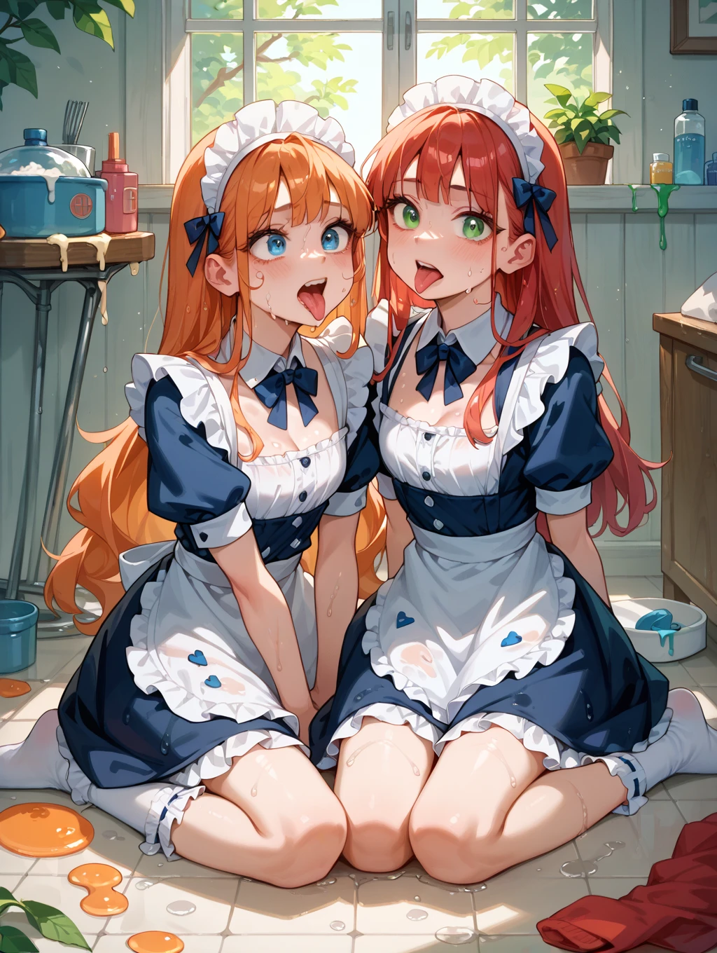 (8K ,hyper-detailing,A masterpiece of hyper-realistic photography,natural,Perfect artwork,Perfect female body),Two cute busty girls),Neat and clean kitchen,Virtual Showcase,Red similar hairstyle,Cute beautiful girl,Wear an apron,cool apron,larger lines,slovenly,stretch the meat,marmalade,The kinky exposed ,titmouse,fully body photo