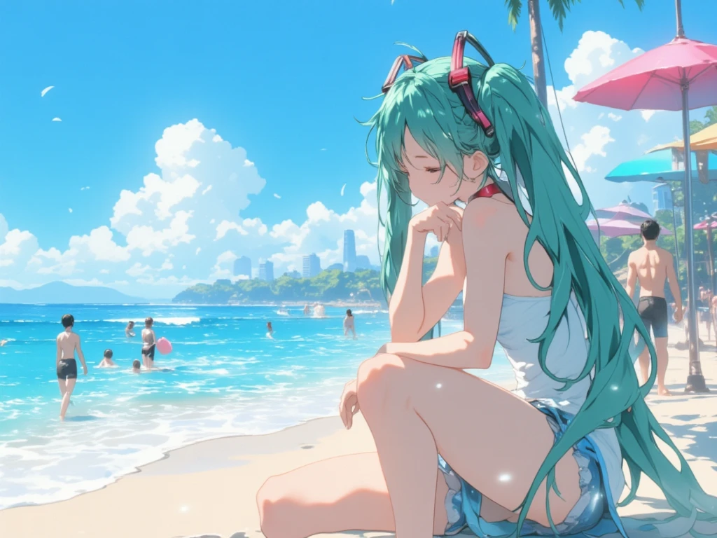 A woman with long cyan-blue hair is walking on the beach, looking back and reaching out for you to join her. She's dressed in a tropical-colored swimsuit cover-up and bikini, sporting red lipstick and a slight blush, she is wearing headphones. She has green eyes, shining with Life. The weather and lighting are serene, with a clear sky and small clouds above