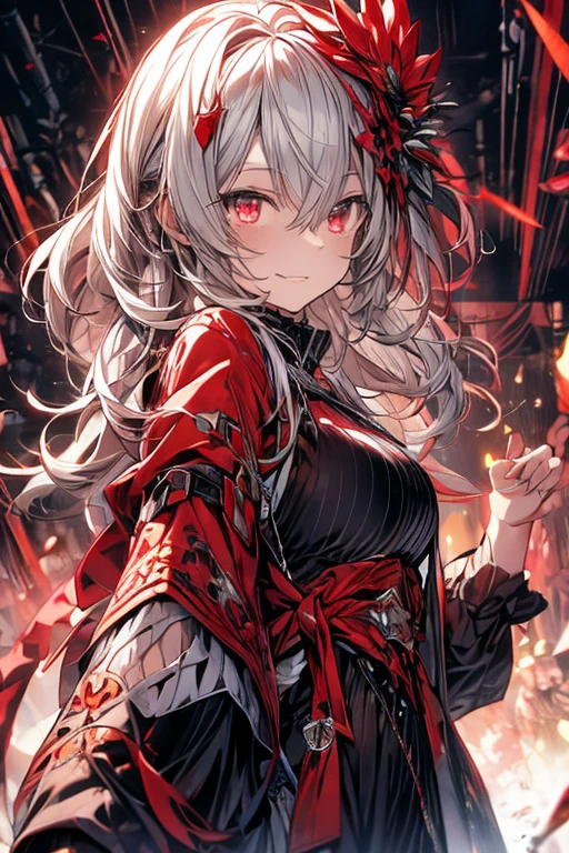 (Masterpiece, Top Quality, Top Quality, Official Art, Beautiful and Aesthetic: 1.2), 1girl, black and red, Very Detailed, (Fractal Art: 1.1), (Colorful: 1.1) (Flower: 1.3), Supreme Detail, (Zentangle: 1.2), (Dynamic Pose), (Abstract Background: 1.3), (Shiny Skin), (Many Colors: 1.4), (Earrings), (Feathers: 1.2), ( flame effects: 1.3), emerald, silver hair, wrapped in light, detailed background, black lace dress, crown , Red flowers, vivid eyes