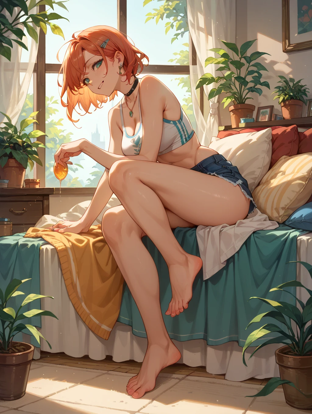 An exquisite slender tender girl of 16 years old with a perfect gentle face of the southern type with red hair with freckles in the rays of the rising sun, naked with tender breasts with pink nipples, barefoot on the veranda in the garden, drinking (coffee) and looks at the flowers, in watercolor style, discreet light shades, Flares, imitation of film photography, against the sun, a lot of sun glare, light fills the frame, (Seaside town)