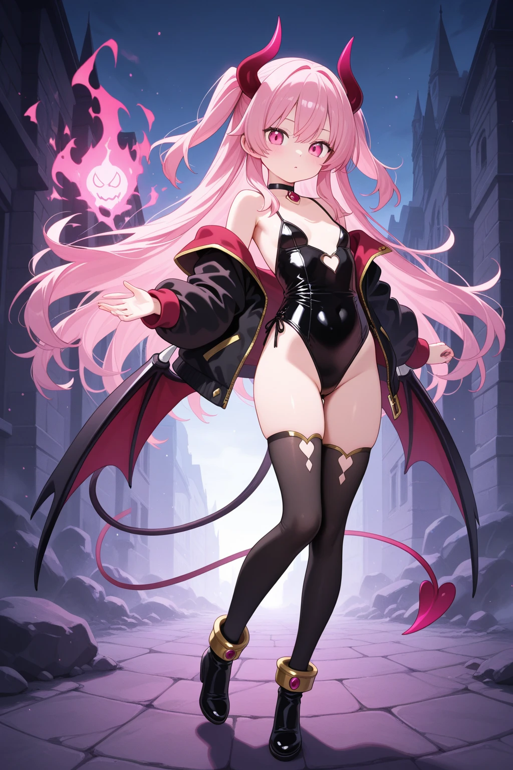 (masutepiece, Best Quality),1girl, tail, wings, demon-girl, horns, solo, demon-tail, thighhighs, pointy-ears, weapon, o-ring, purple-hair, demon-wings, swimsuit, open-mouth, thigh-boots, jewelry, shorts, navel, holding, looking-at-viewer, boots, bracelet, flat-chest, detached-sleeves, o-ring-top, holding-weapon, demon-horns, blue-eyes, short-hair, skull, colored-skin, black-bikini, black-footwear, fang, short-shorts, full-body, black-thighhighs, faux-figurine, bare-shoulders, dark-skin, micro-bikini, blush, bangs, dark-skinned-female, highleg, tail-ornament, holding-sword, two-side-up, fur-trim, knife, bikini-top-only, aqua-eyes bone, black-shorts