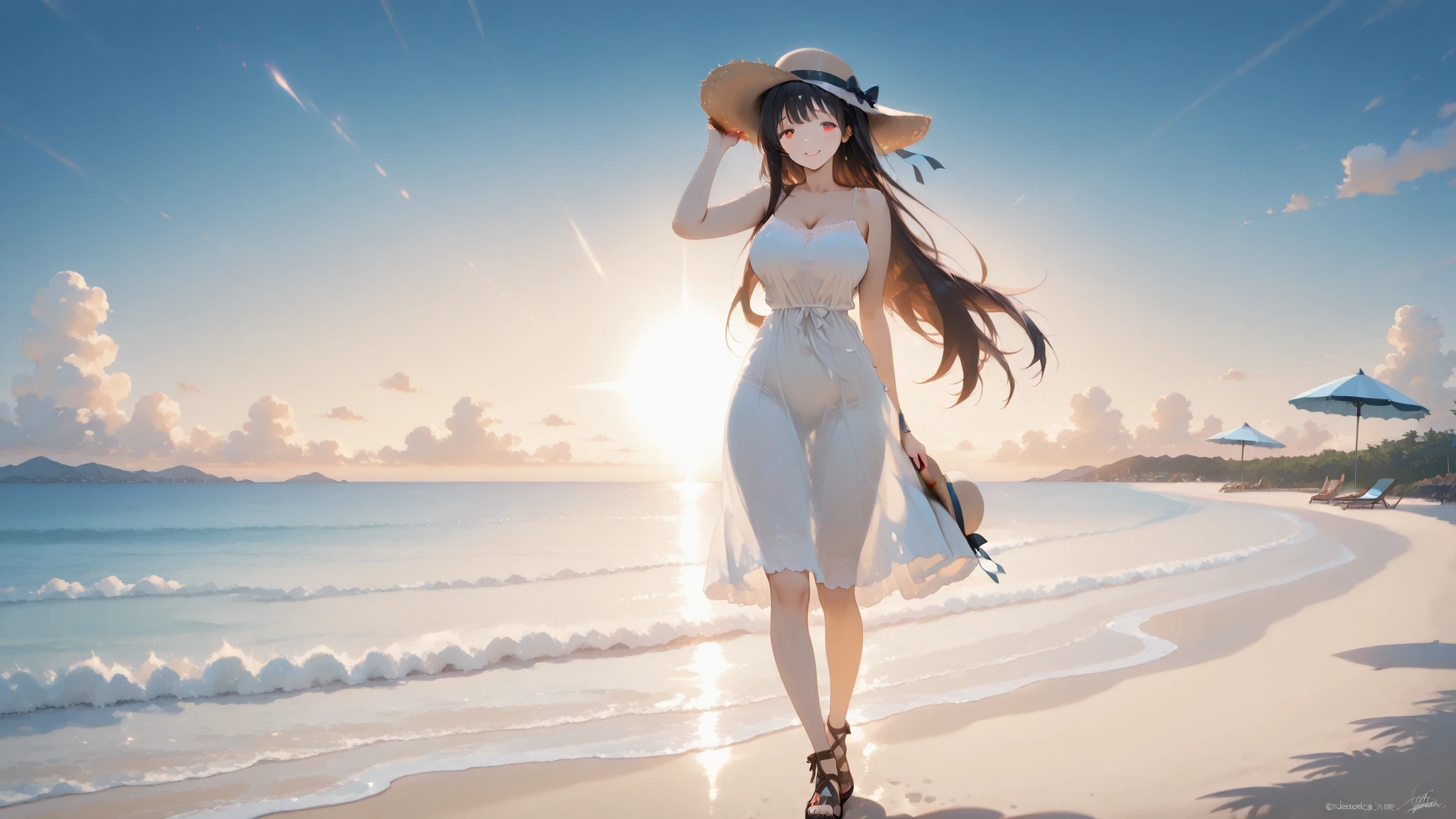 SFW、sexy、Erotic、Under the scorching sun、A sunny girl is heading to the legendary desert dungeon。She is wearing a swimsuit、Her shiny hair fluttering in the wind、Her hair and skin were shining with water droplets and sweat.、The sweat turns into steam and escapes from the body.。The setting is a desert country that stretches to the horizon、Seawater is not visible、The air is completely dry and scorching hot.。The girl was heading towards the sand dunes in the distance.、There&#39;s a legendary dungeon up ahead.。The overall style is a realistic anime that harmonizes the beauty of the sand and the girl.、Characterized by rich and intricate detail。This image is、Realistic Lighting、Accurate proportions、Focus on precise texture、Crafted down to the smallest detail。--Highly detailed, --vivid colors, --dynamic pose, --sharp focus, --dramatic lighting, --realistic ???????, --max, --rt, --high_quality, --ultra_detail, --intricate_design, --extremely_detailed, --hyper_realistic, --zenith, --sweaty skin, --sweaty skin, --swimsuit, --suimwear