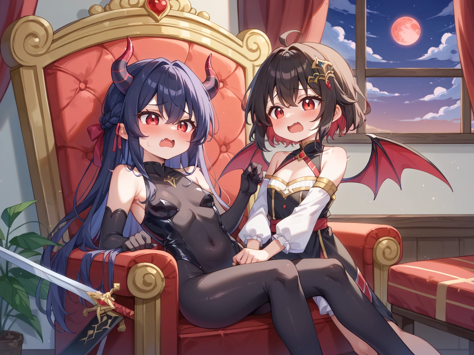 8K,  3girl, petit, teen, kawaii vampire, crimson hair, short hair, red eyes, fang, bat wings, smile, (blush), (shy), pointed ears, looking at viewer,  dynamic angle, wind, game cg, fantastic scenery, demon tail, thin tail, black horns, medium breast, latex, kissing, sexy, dating, dungeons, summon, magic, bulge, show bulge, blue hair