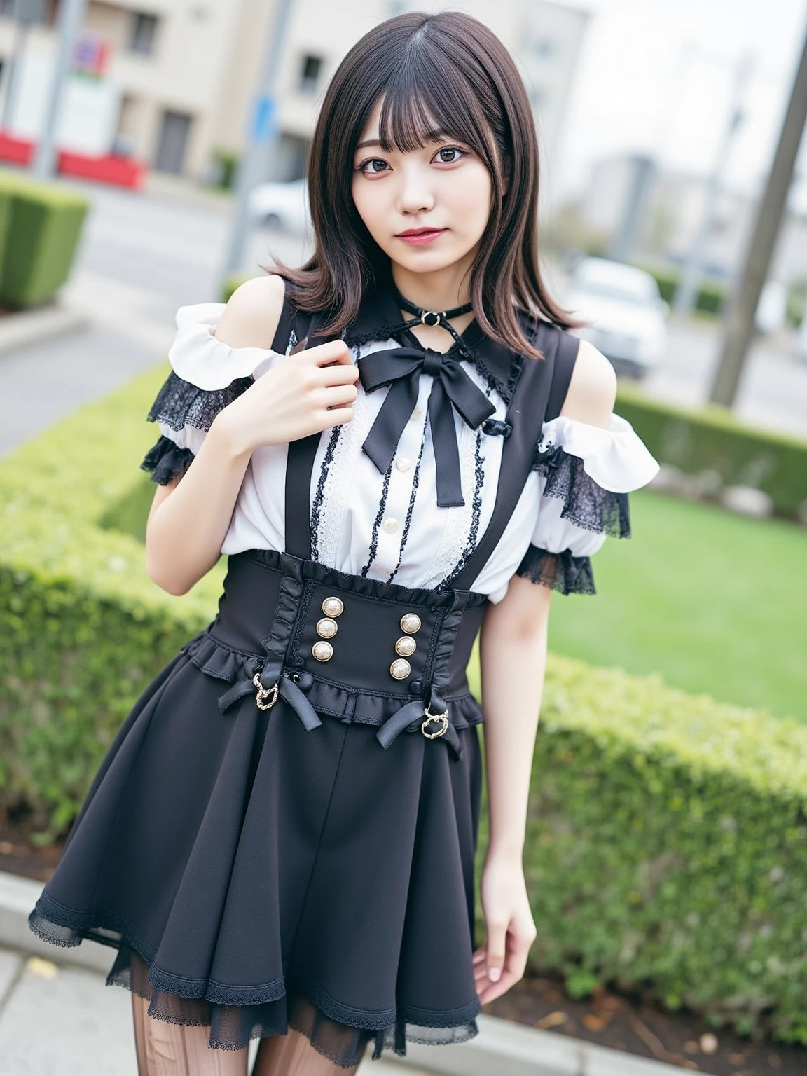 RAW Photos, Highest quality, High resolution, Realistic, Young Japanese Girl, 17 years old, whole body, Expressionless, poker face, Stone Face, model, Big Breasts, short hair, Wavy Hair, Curly Hair, Gray Hair, Silver Hair, Light brown hair, Are standing, Hollow Eyes, Hollow Eyes, ((Thin thighs)), Diagonal bangs, Cute face, Shiny skin, Beautiful body, Beautiful Skin, concentrate , Naked from below, (school uniform, Lead Bow Tie, Black apron dress, Highly detailed corset, Gothic, Frill dress, Beautiful embroidery, (Long skirt:1.2):1.4), (Use your hands to lift up your skirt:1.3) indicate, underwear, simple underwear,