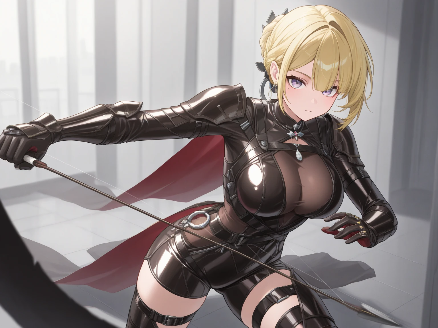 (masterpiece, 8k, 4k, extremely detailed, dynamic shading, best quality, absurdres:1.4) 1girl, nice hands, perfect hands, milf, mature, sexy, (large breasts:1.1) <lora:more_details:0.9> <lora:RamzaBeoulveV1:0.7> RamzaBeoulve, blonde hair with high ponytail, cape, gloves, thigh boots, black armor, red leather pants, spikes, bronze armor thighboots, bronze greaves, black metal breastplate corset, (bare collarbones:1.4), cleavage, spiked armor, leather choker, thick eyebrows, dark eyeshadow, thick eyeliner, purple eyes