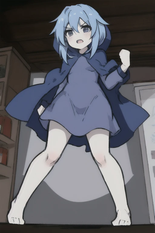 1girl,solo, Full Body,KOMUGIKO,black eyes,light blue stopper,intake van,Quota, wearing a blue hood, blue cape,light blue dress,top quality、masterpiece、angrily hitting the desk with the right hand、the background is an ingredient store that makes sweets、angle from below、Impressive lighting、Medieval lighting、showing the whole body