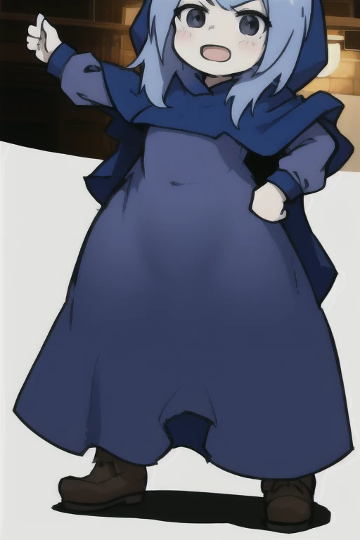 1girl,solo, Full Body,KOMUGIKO,black eyes,light blue stopper,intake van,Quota, wearing a blue hood, blue cape,light blue dress,top quality、masterpiece、angrily hitting the desk with the right hand、the background is an ingredient store that makes sweets、angle from below、Impressive lighting、Medieval lighting、showing the whole body