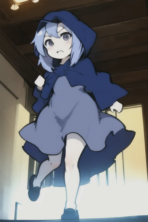 1girl,solo, Full Body,KOMUGIKO,black eyes,light blue stopper,intake van,Quota, wearing a blue hood, blue cape,light blue dress,top quality、masterpiece、angrily hitting the desk with the right hand、the background is an ingredient store that makes sweets、angle from below、Impressive lighting、Medieval lighting、showing the whole body