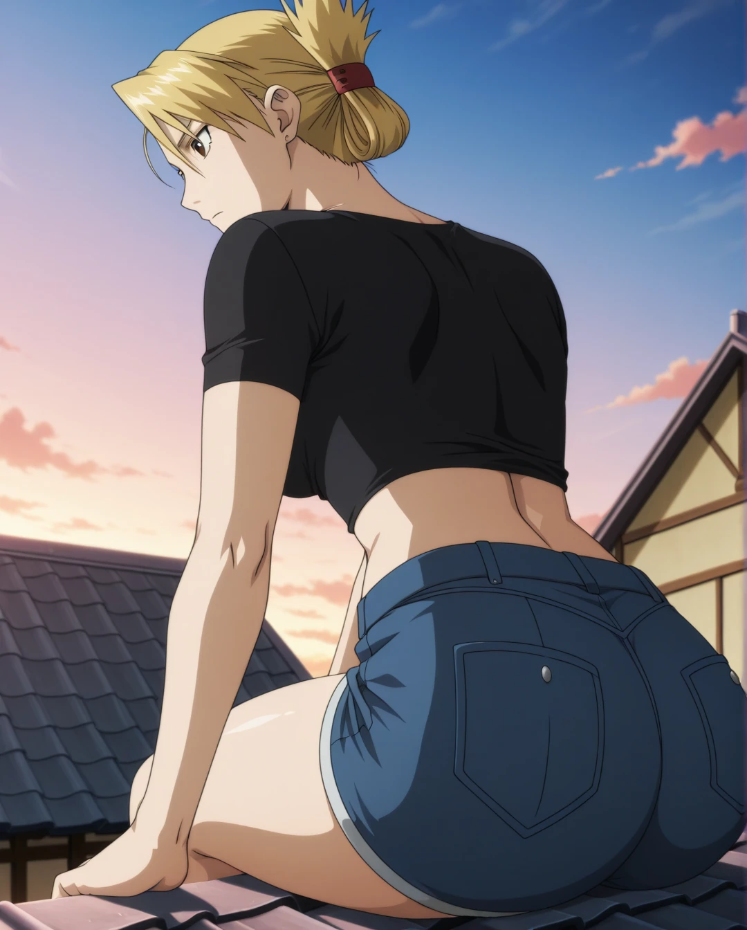 Female, German, blue eyes, Blonde hair, medium hair, tank top , medium breasts, slim figure, fit, tight jeans, highly detailed, wallpaper, front of view, cleavage, close up, sexy waistline, slim thighs, back of view, bubble butt,