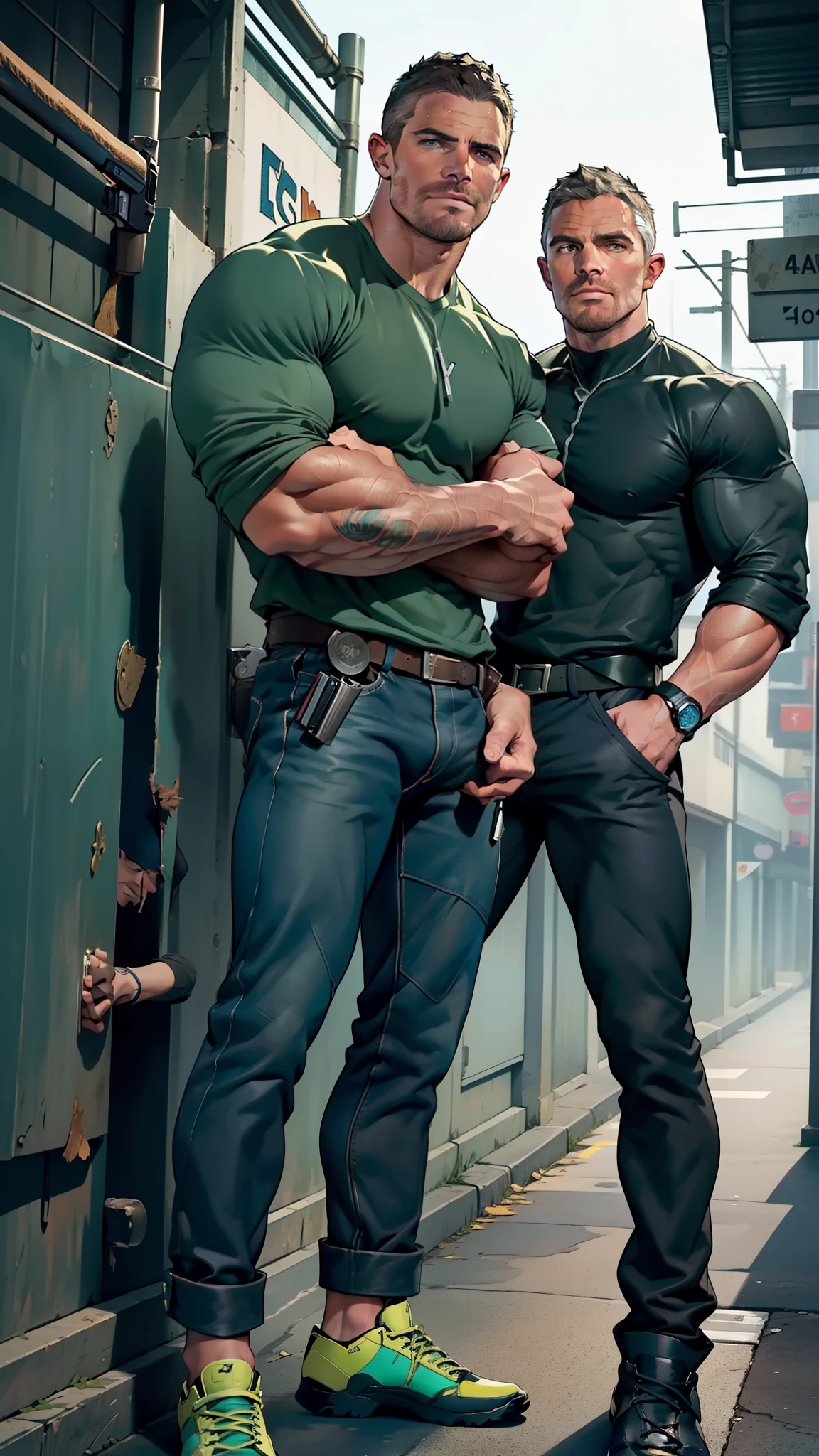 boys 26 Years old, Serious face, wearing ((black sleeveless shirt)), black pants, black oxfords shoes 