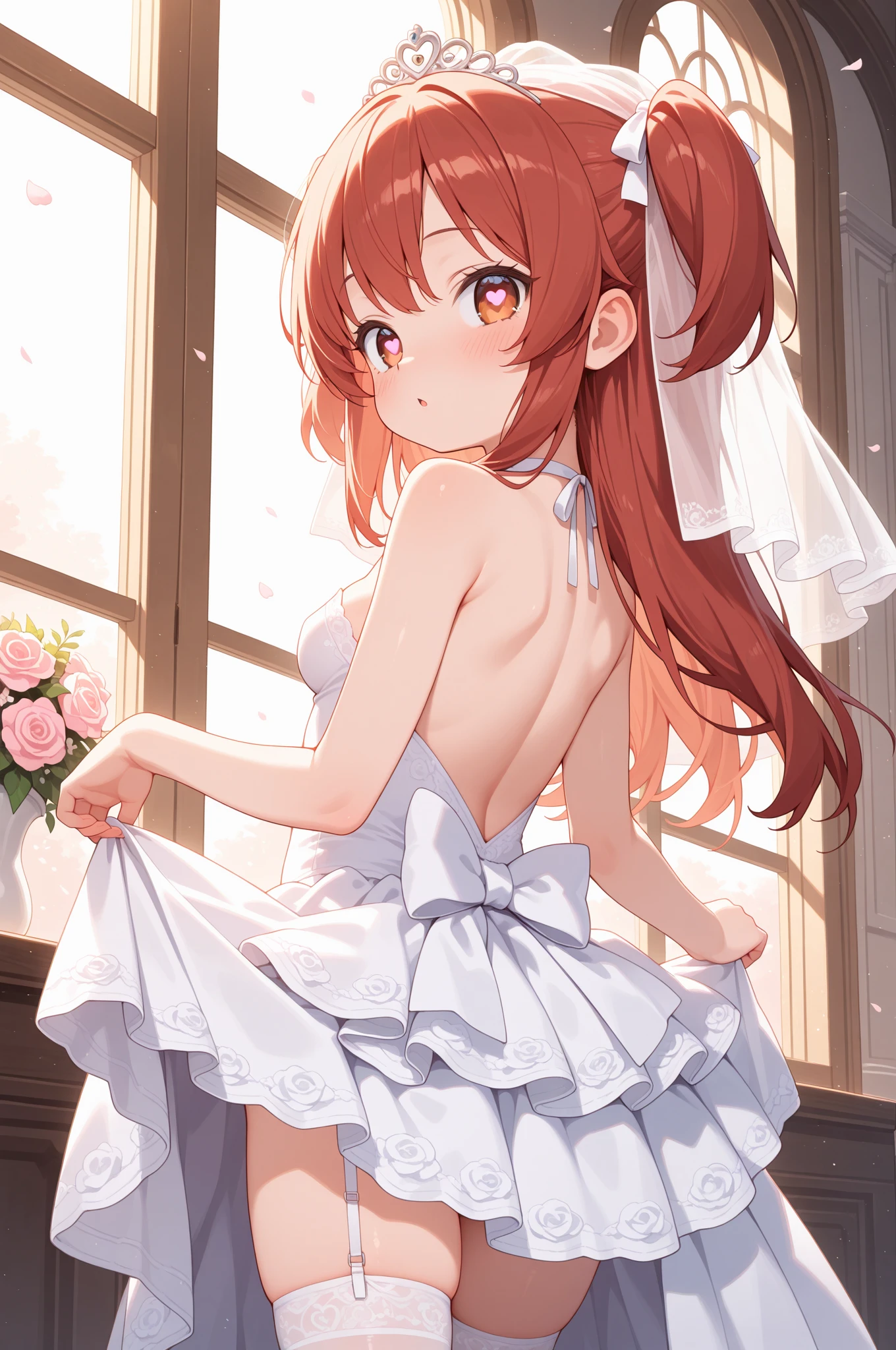 Ultra-fine face, masterpiece, best quality, Upper Body, Smile, Brown long hair，on stage, skirt, Ponytail,White Wedding Dress，Squat，（Squatting on the ground），（Squatting on the ground），Horse ears，Horse girl ears，Red roses decoration，（White Wedding Dress），Many red roses decoration，White Wedding Dress，White Wedding Dress,White hollow wedding dress，largest breasts, largest breasts, ，Show your belly button，Show your belly button，Healthy waist curve，Perfect body，Small waist，Perfect waist muscle lines，complexion，Gasping for air，Sweat珠，Sweat，White suspenders，Lace,((wedding dress))，Elbow-length white silk gloves，Elbow-length white silk gloves，（Thigh muscle details），（White suspenders），((Show your thighs))，((Beautiful thigh line details))，((White zona pellucida))，((White crystal high heels))，((White crystal high heels))