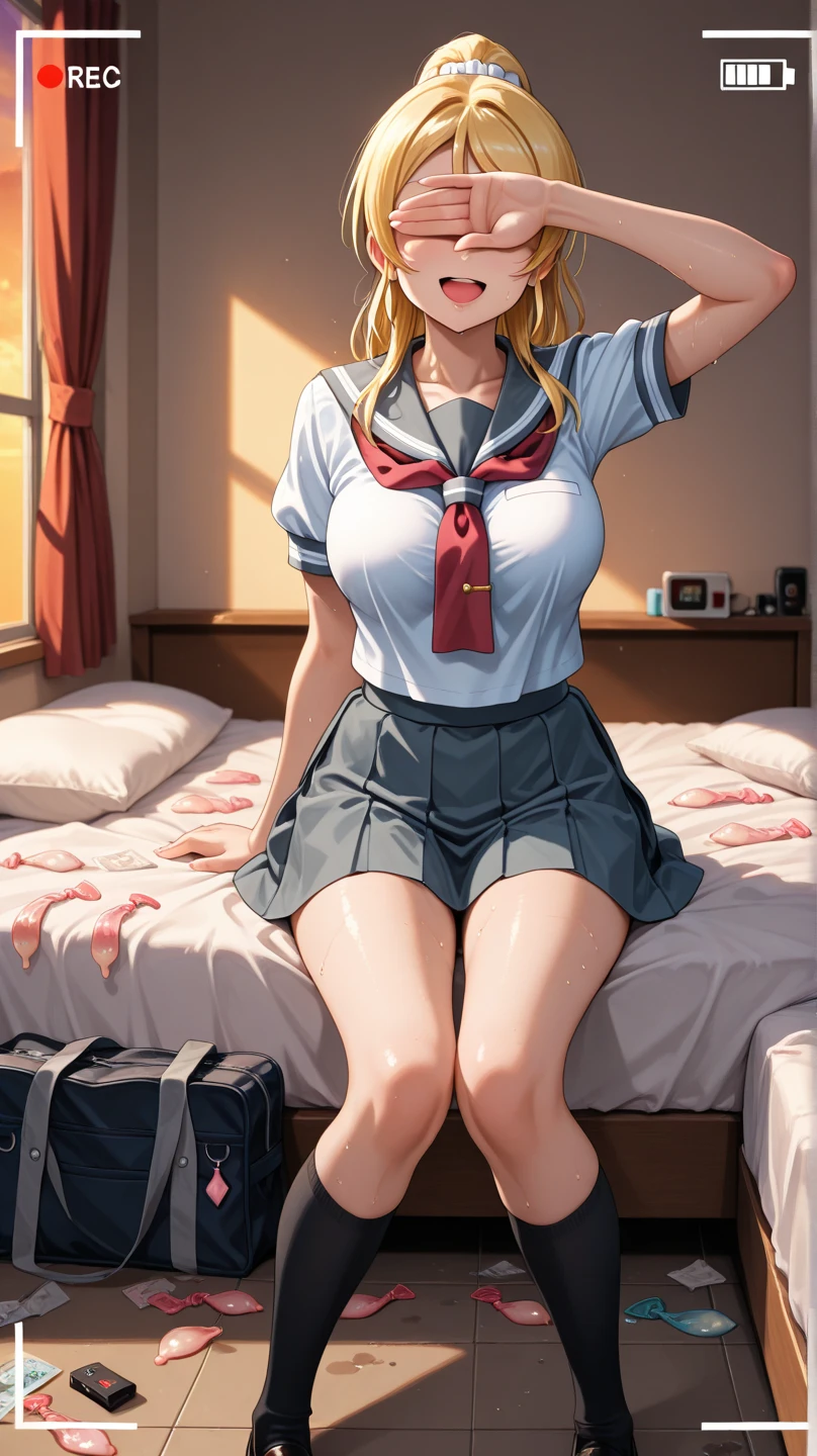 (8k、Best image quality、highest quality、masterpiece)、Detailed face、One girl、gyaru、Blonde、Long Hair、Wavy Hair、Grey Eyes、evil smile、((Grin))、Large Breasts、((white shirt))、cleavage、Short sleeve、((Black pleated skirt))、((miniskirt))、((white baggysocks))、Loafers、((sitting))、((knees up))、((open legs))、((red panties))、Shoot from below、On the bed、Bedroom Background