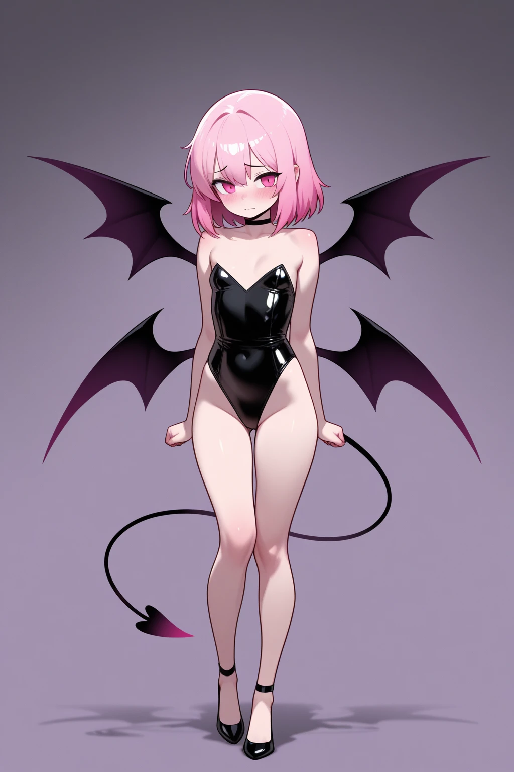 ((Highest quality)), ((masterpiece)), (detailed), （Perfect Face）、The woman is a naked demon queen, Momo Belia Deviluke, wearing a shiny black full-body bodysuit decorated with gold, the sexy female demon, Devil Queen Momo Belia Deviluke、The woman is a female demon with magnificent devil horns, jet black devil wings, and a jet black tail. She is looking at the camera with a happy expression on her face. Her name is Momo Belia Deviluke, and she has pink hair in a short bob and the expression of a girl in love.、The woman is Momo Belia Deviluke