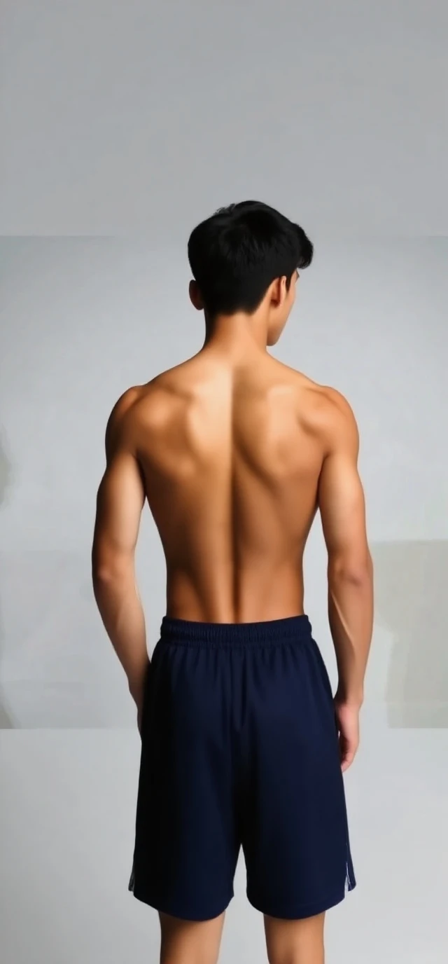 1boy、Real photo style、Photo Quality、Cute handsome man、Mash Hair、Japanese male, 、Slim body、Completely naked、Full nudity、erection、Huge penis、Highest quality、Realistic、beautiful、Back view、Audition Venue、審査員の前に立つBack view、A number tag with the number '3' written on it