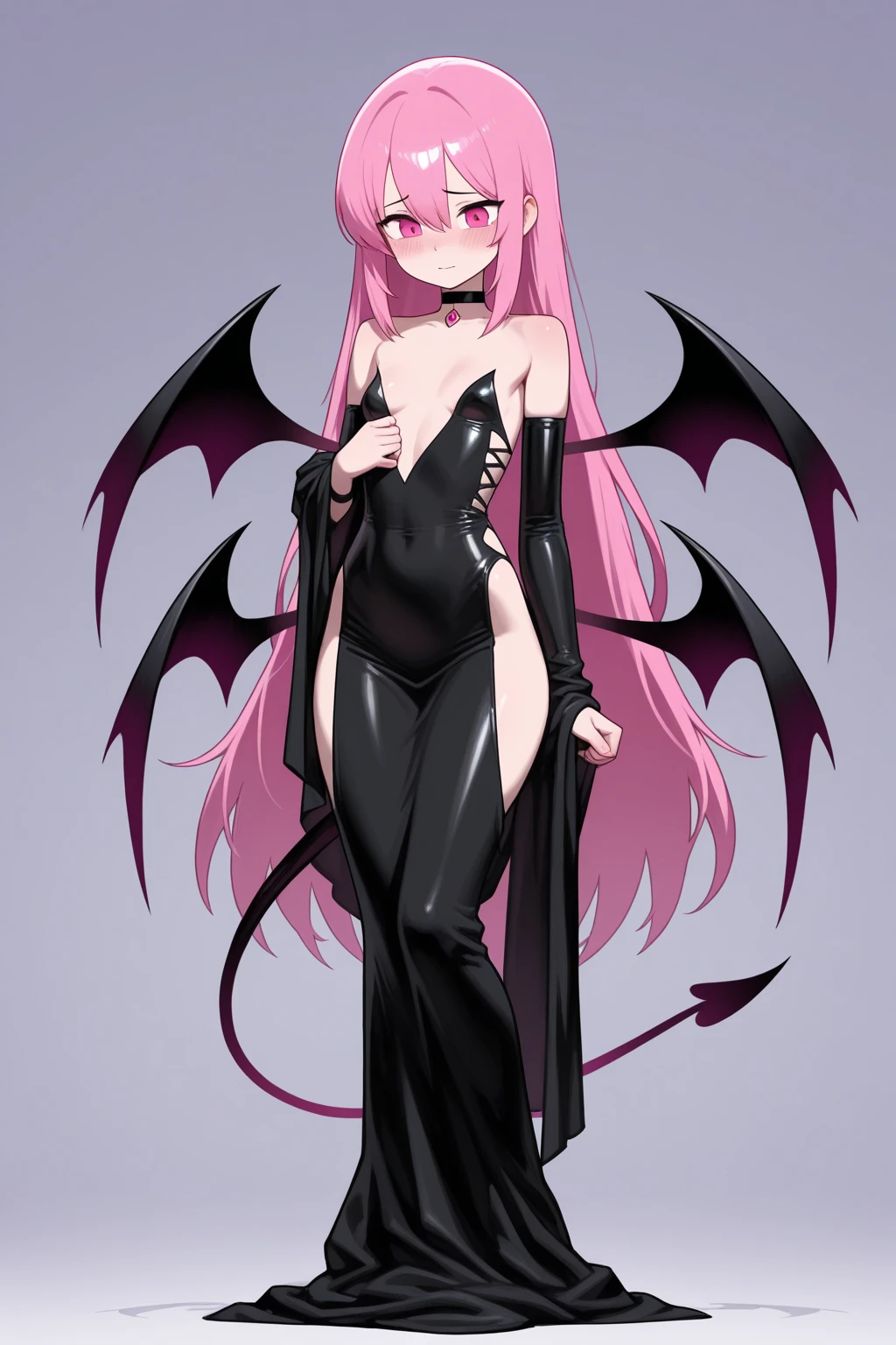 Anime girl with long black hair and horns standing in front of gray background, Suitable for whole body, Whole body concept, Devil anime girl, Adaptable personality, Dark witch full body pose, Total commission, detailed Whole body concept, Anime woman full body art, Dark Witch Panorama, Inspired by Renyan, Dark Demon Dancer