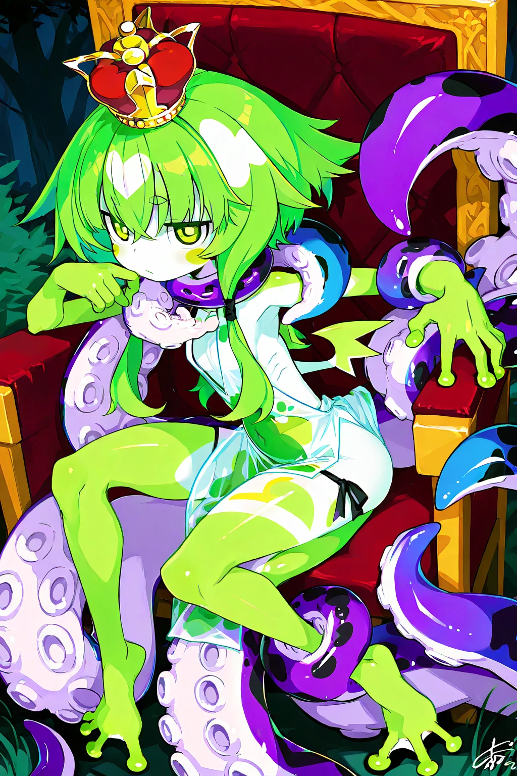 furry, furry robot, pink, long hair, wolf, magician, girl, penis, mechanical penis, small breasts, nipples, hypnosis, being hypnotized by a monster, tentacles, collar, brainwashing ring, , four-leaf clover hair ornament