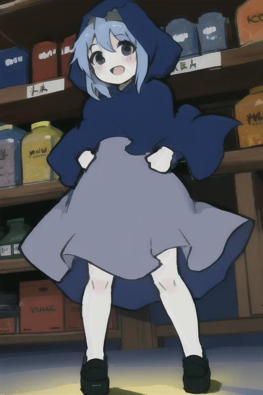 KOMUGIKO,black eyes,light blue stopper,intake van,Quota, wearing a blue hood, blue cape,light blue dress,top quality、masterpiece、is laughing、the background is an ingredient store that makes sweets、angle from below、Impressive lighting、Medieval lighting、full body is shown、I am clapping