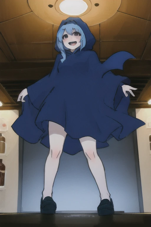 KOMUGIKO,black eyes,light blue stopper,intake van,Quota, wearing a blue hood, blue cape,light blue dress,top quality、masterpiece、is laughing、the background is an ingredient store that makes sweets、angle from below、Impressive lighting、Medieval lighting、full body is shown、I am clapping