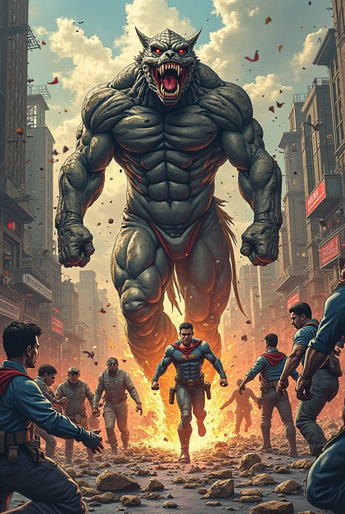  Pastor Apollo Quiboloy transforms into an angry Red Hulk and  battles Philippine National Police Chief General Nicolas Torre as Captain Philippines together with his Police Troops. And make it cinematic plus the city looks damage.