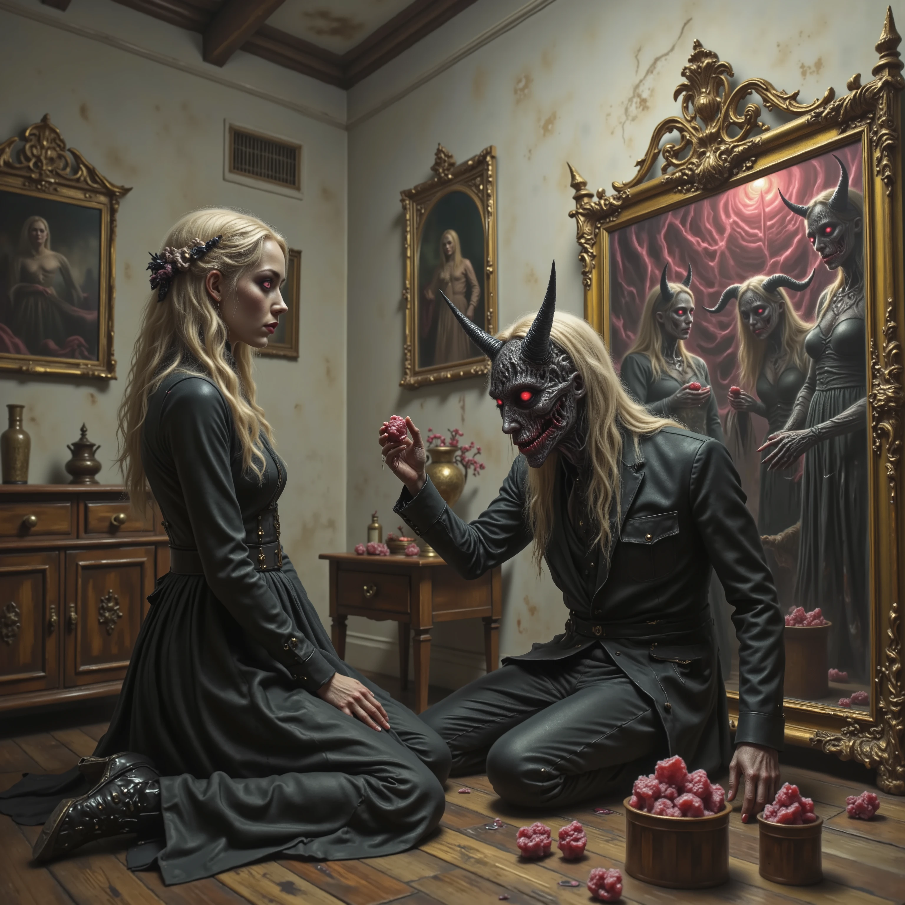 A beautiful young blonde woman kneels in front of a large antique mirror, the mirror reflecting demons in a different dimension. They come through the glass of the mirror, and bring the woman bright glowing neon pink crystals that she falls in love with and becomes addicted to. Realistic portrait, detailed facial features, demons move through the mirror, kneeling pose, large antique mirror, dark and unsettling reflection in mirror, chiaroscuro lighting, cinematic atmosphere, mysterious, gothic, 8k, high resolution, photorealistic, intricate details, dramatic colors, moody tones, macabre, gothic beauty, nightmarish imagery, gifts that change form, otherworldly startling presence, icon style, intricate details, sharp focus, physically-based rendering, iconic characters, professional movie quality imagery, professional masterpiece