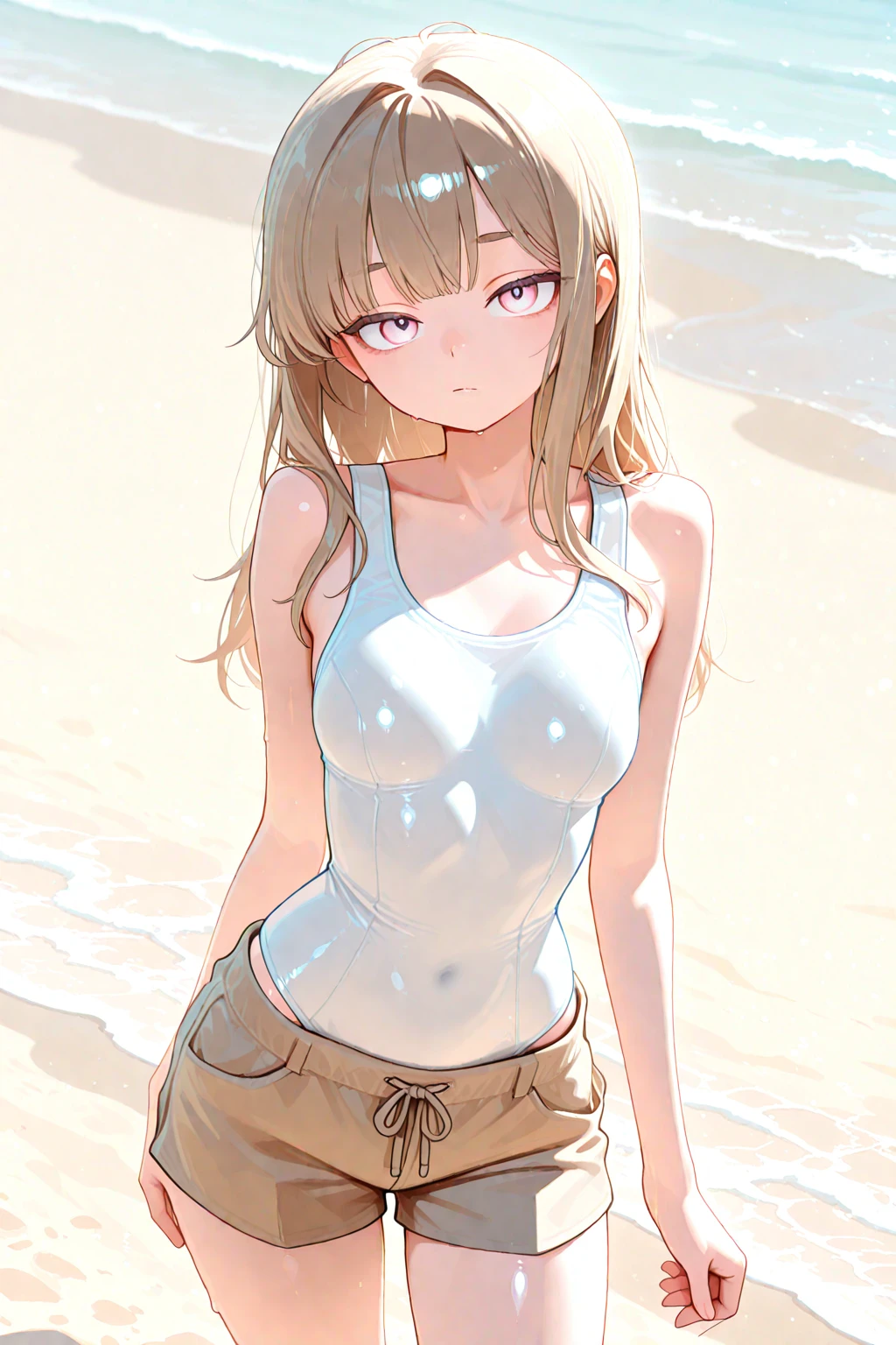 Girl Doll,Solitary,rest,((Buttocks display)),(The zipper is not closed),Blonde,elegant,Pointed ears,whole body,Chinese element pattern,thigh,(((Leaking thigh))),full,camisole,(triangle denim shorts),stocking,leggings,(Brushstrokes,Impressionism,painting,Rich scenery),Disheveled,Chest contour,(((Wet clothing))),(((Ultra-thin clothing))),((Flesh outline)),Grinning