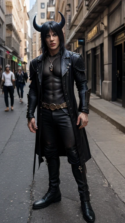 Masterpiece, full body elf with long dark hair tied back, he is dressed in a tight black leather suit, the top is open showing his chest and abs and the bottom is very tight, in his right hand he carries a white duster (alcon feathers), Intricate details, hyper-detailed, the background is a dungeon with chains hanging from the ceiling, intricate details, hyper-realism.