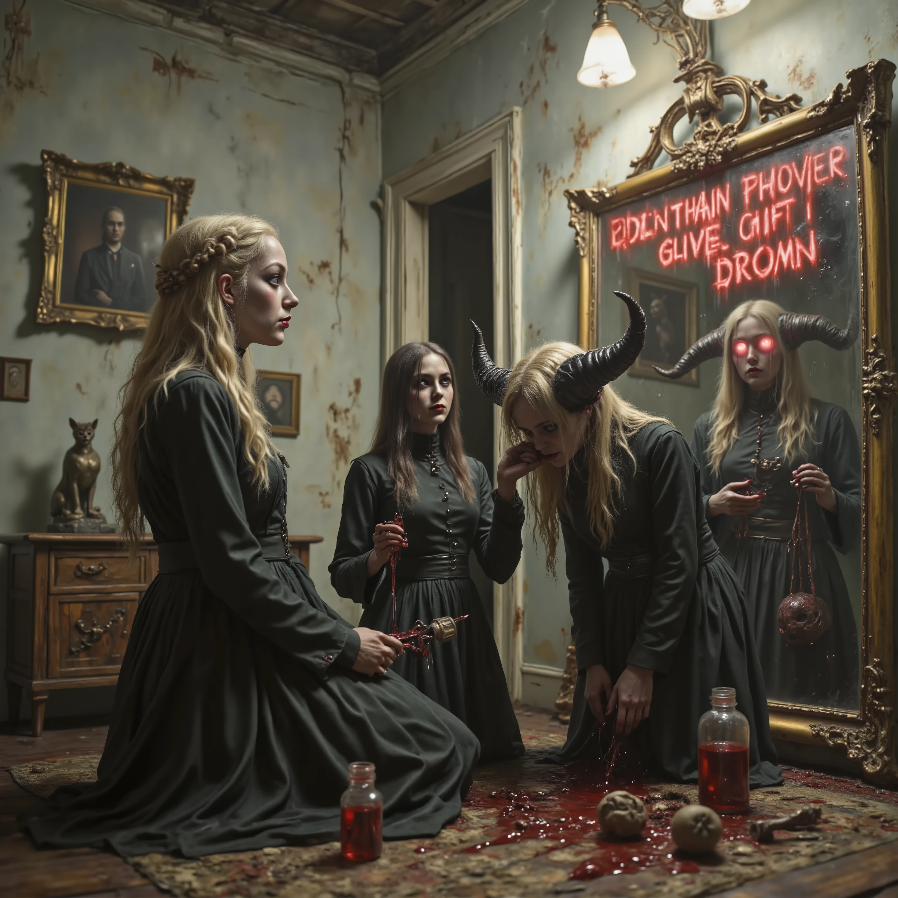 A beautiful young blonde woman kneels in front of a large antique mirror, the mirror reflecting demons in a different dimension. They come through the glass of the mirror when welcomed by the woman, and bring gifts that change form, for instance, statues that turn into demonic kittens, or a glass vial of blood that turns into jewelry. She repays these gifts with braided pieces of her hair. Realistic portrait, detailed facial features, demons move through the mirror, kneeling pose, large antique mirror, dark and unsettling reflection in mirror, chiaroscuro lighting, cinematic atmosphere, mysterious, gothic, 8k, high resolution, photorealistic, intricate details, dramatic colors, moody tones, macabre, gothic beauty, nightmarish imagery, gifts that change form, otherworldly, startling presence, icon style, intricate details, sharp focus, physically-based rendering, iconic characters, professional movie quality imagery, professional masterpiece