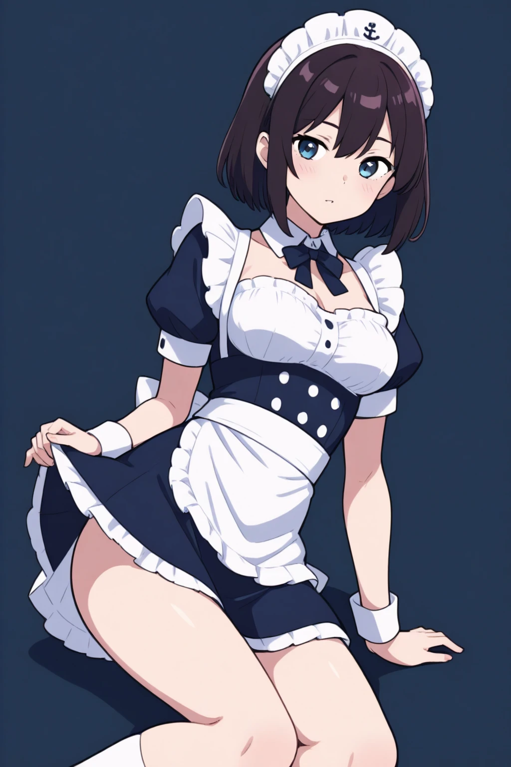 all realistic intricate details, masterpiece,detailed face,detailed skin,detailed eyes,shiny skin,shiny lips,highest quality,.syr Flova, gray hair, syr,maid headdress, green long dress, (((miniskirt ))),apron, smile, Happy, closed mouth, holding tray, bar, Shoulder bag,sitting,beautiful thighs,slender,white lace panties,white garter belt ,lift skirt,slim thighs,clothed,