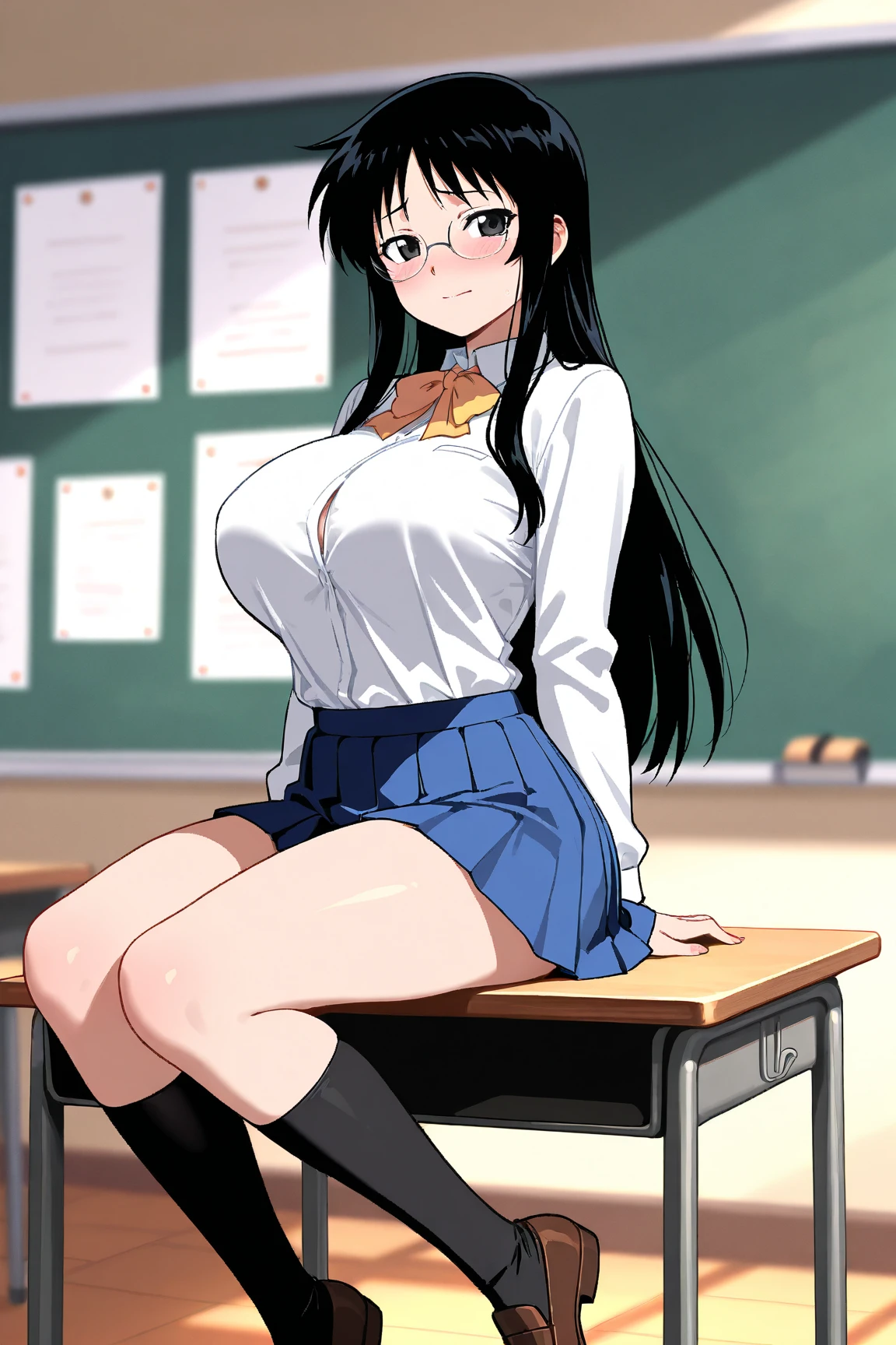masterpiece, best quality, ultra-detailed, illustration, colorful, flat color, depth of field, 1girl, ahri, anime, standing, black hair, messy hair, yellow eyes, fox ears, looking at viewer, school, classroom, blackboard, facial mark, white blouse, black skirt, black pantyhose, teacher, thighhighs, detailed skin texture, detailed cloth texture, beautiful detailed face, large breasts, blush, seductive smile