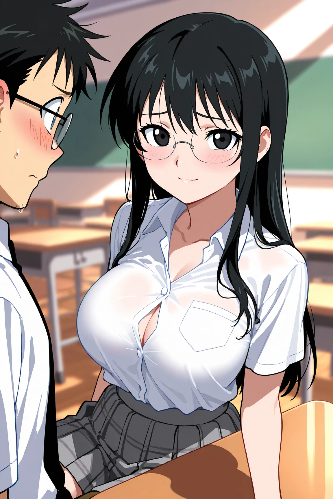 score_9, score_8_up, score_7_up, score_6_up, score_5_up, score_4_up, BREAK, source_anime, anime screencap, anime coloring, detailed face, a stiff-looking beautiful female teacher, detailed beautiful big brown eyes, huge breasts, 36 years old, milf, black hair, skinny, One length medium bob hair, asymmetry_bangs, forehead, hair behind ear, Wears glasses, white shirts, short sleeves, (erect nipples:0.4), button gap, black micro skirt, skintight, zettai ryouiki thighhighs, teaching in front of the blackboard, holding a chalk and a textbook, serious, open mouth, classroom, thigh gap, many students
