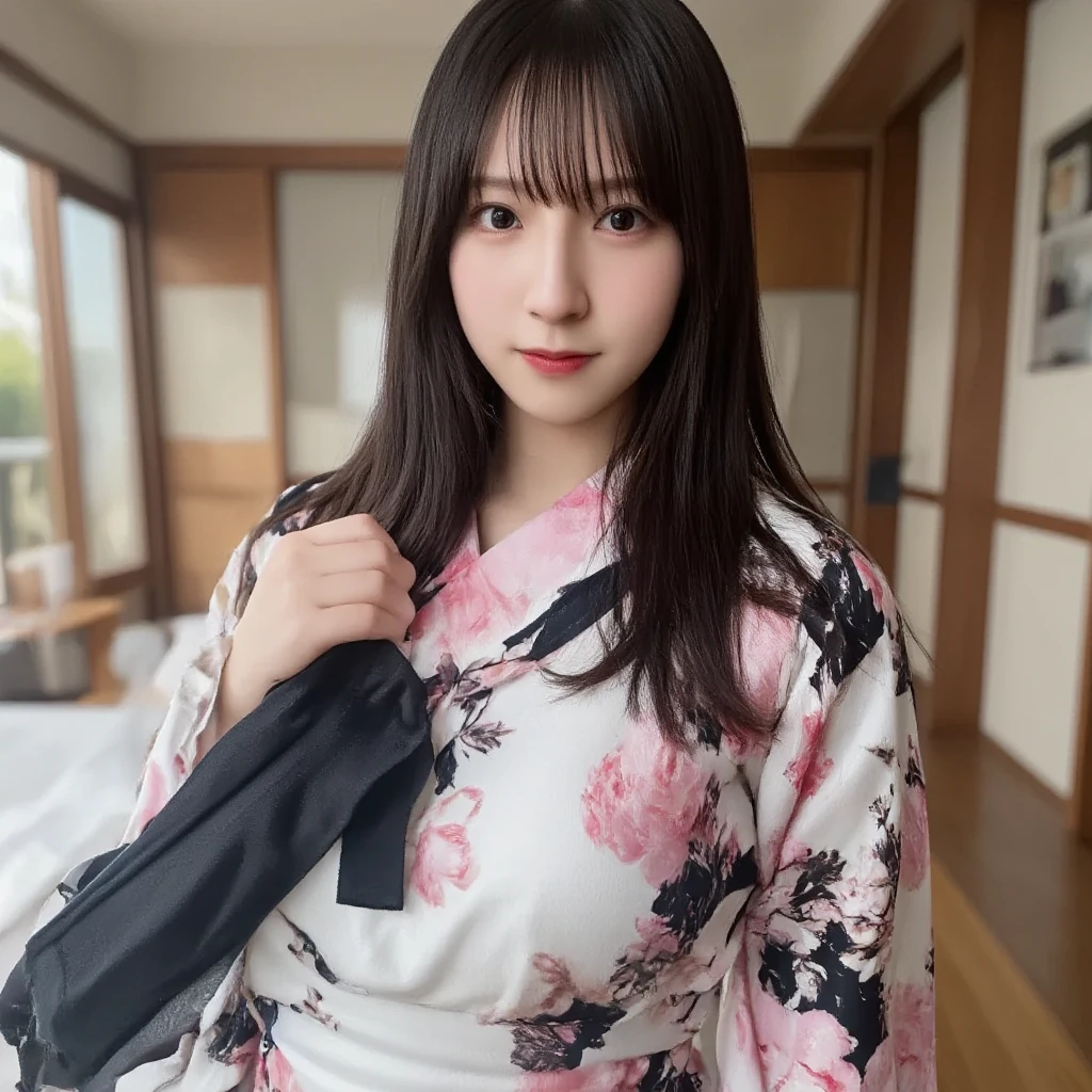 (8k、Live Shooting、Highest quality、Masterpiece:1.2),(kimono、Twelve-layered kimono、In a Japanese-style room)(High resolution 4K、Front view、High position、Serious expression、Super detailed、Super Resolution、(Real、Real写真:1.37)、Portrait、High-definition RAW color photos、nightの撮影、Professional photography、Very detailedで美しい、Very detailed、8k画壁紙、Amazing details、Huge file sizes、Official Art、Very detailedなCG Unity 8kの壁紙 Very detailedな女性、Very detailedな顔、Very detailedな肌、Very detailedな指、Very detailedな鼻、Very detailedな詳細な口、Perfect Anatomy、1 girl、(20:1.2)、Female, age 20、Realな体つき、、White skin、Shining skin black hair、semi-long、A sloppy smile、clean、Clean face、Realistic Face、Delicate eyes、kimono、Looking straight at the camera、Cowboy Shot、Landscape、Standing posture、((night))Close-up of face、Radiant Skin、The chest is visible、sexy、nightの和室