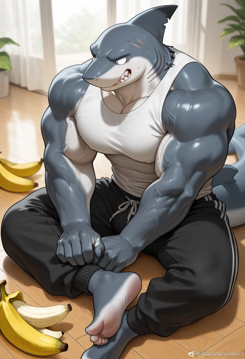 masterpiece, best quality, 8k resolution, Very detailed, Smooth,(((shark))),(((Mature))),(((middle age))),(((Blushing))),portrait,(((green eyes))),(((Strong))),(((Blushing))),(((Shirtless))),(((Super Muscle))),((huge)),Hip bulge,For the audience,(((Shameful))),Highest quality scene,Solitary,solitary,(((thong)),(((Hip bulge))),(((Sweating))),((Chains)),(((limb shackles)))),(((Neck collar))),(Shameful),Kneeling on the floor,(((kneeling))),(((Blushing)))