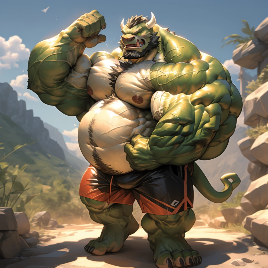 shendu, eastern dragon king, male dragon, eastern dragon,hefty body, with very big muscles, hulking, huge, colossal body, extremely strong, huge abdominal muscles, hefty abs, pecs, plump big muscle abs, Strong and robust muscle abs, daddy body muscle-gut abs, massive prominent muscle abs, sharp claws, legs, feet, full body, loincloth, nipples, sunlight, daylight, outdoor, bright , at noon, good weather, 4k, best quality, dragon eyes, dragon tail.