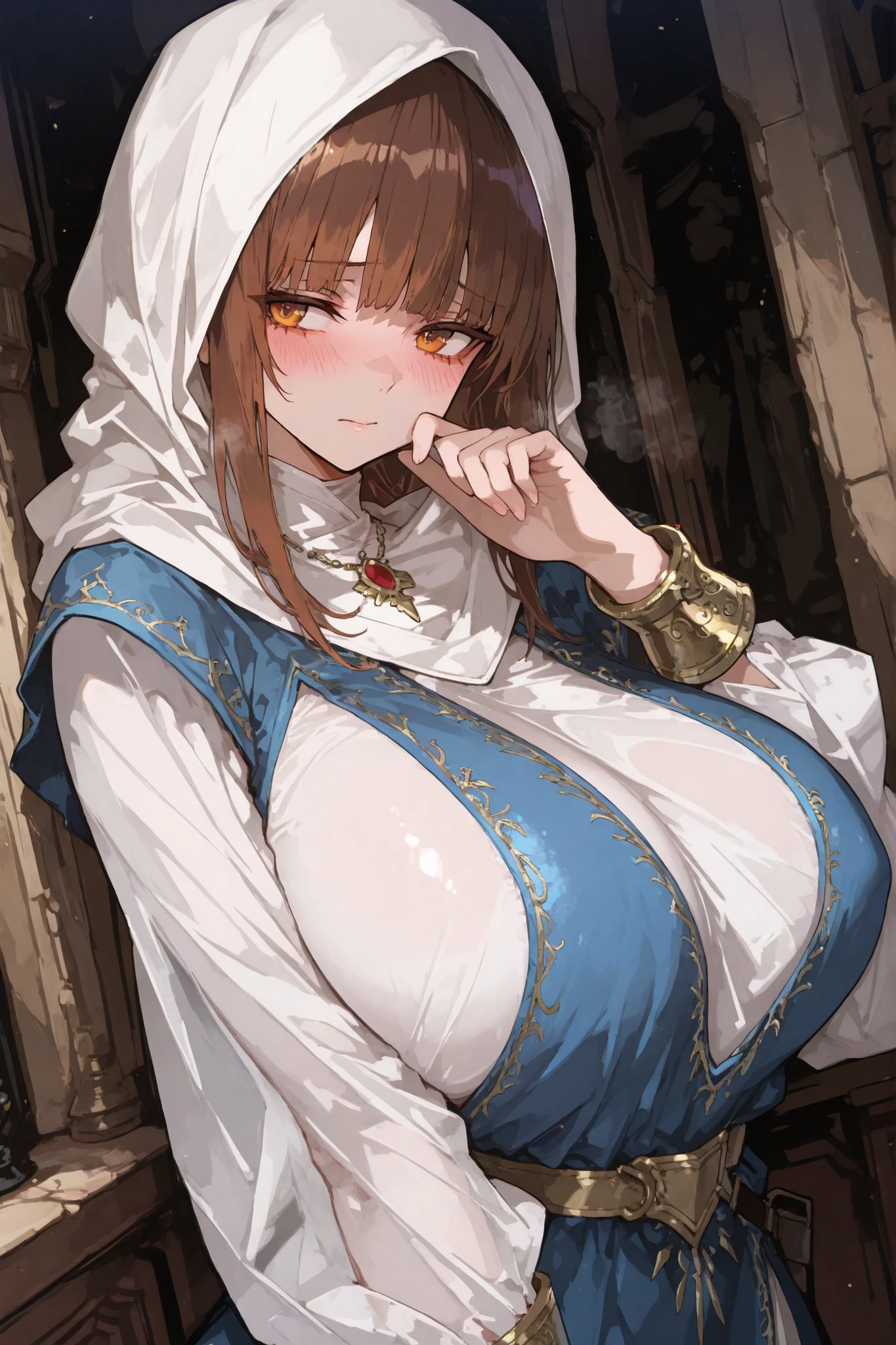 anime image of a woman in a cloak sitting on a chair with a balloon, flirty anime witch casting magic, a sorceress casting a ice ball, mighty plump female sorceress, castlevania witch, witch academia, breasts covered and sfw, /!\ the sorceress, shalltear from overlord, scales covering her chest, marisa kirisame
