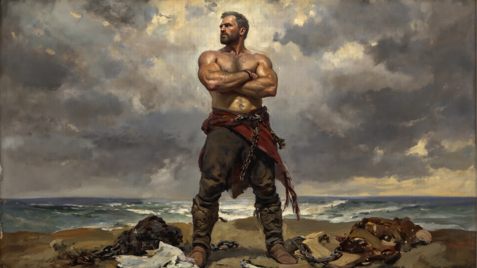a portrait of a muscular attractive sks man as viking, bushy beard, long curly hair, cinematic, aesthetic, norman rockwell, william-adolphe bouguereau, John William Waterhouse, grant wood