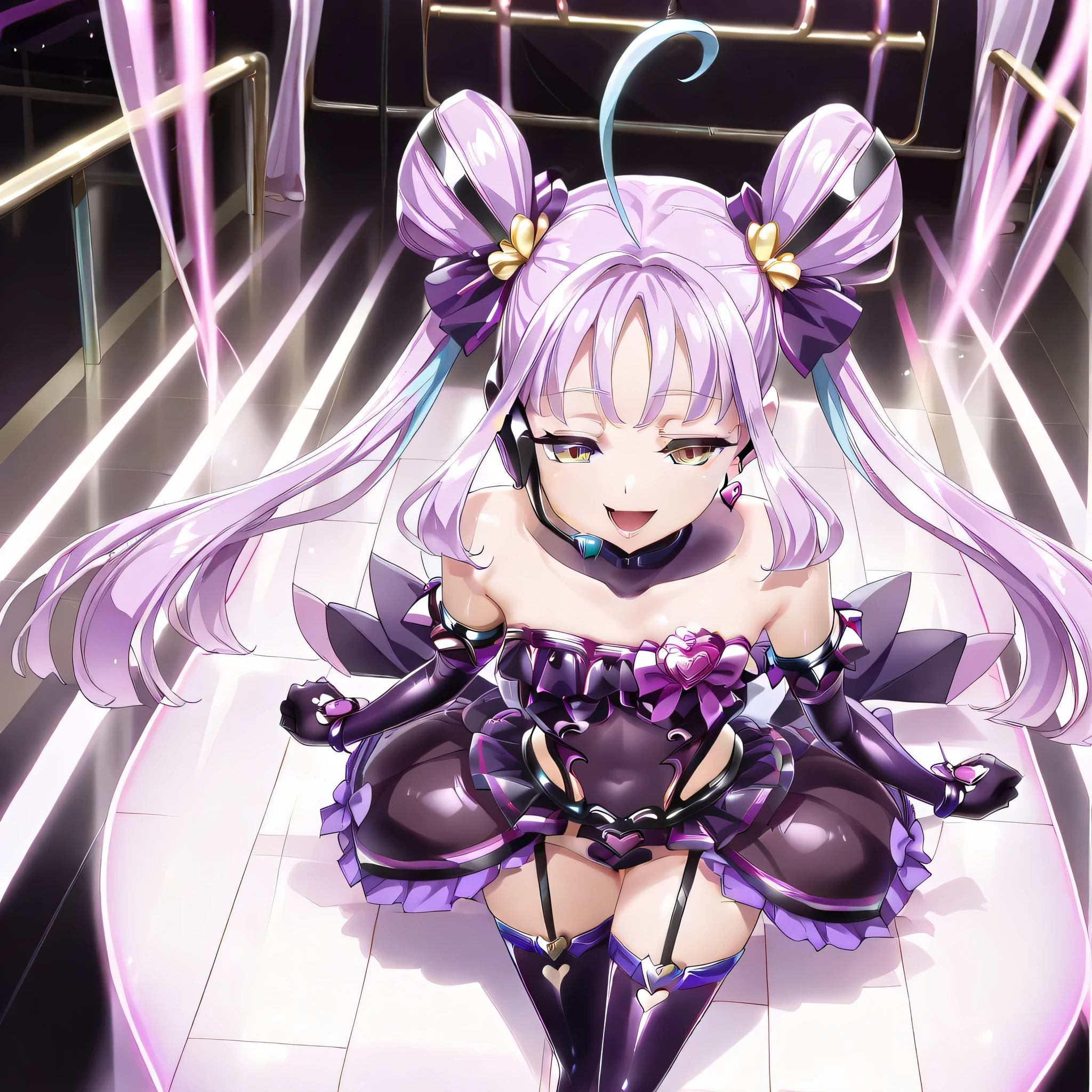 (((Masterpiece))), (((Best Quality))), ((Super Detail)), ultra-High resolution, score_9,score_8_up,score_7_up,score_6_up,score_5_up,score_4_up, BREAK, source_anime, anime screencap, uncensored, rating_explicit, Masterpiece, (absurdres), (detailed background), (very aesthetic), detailed beautiful eyes, outstanding, countershading, detailed soft lighting, an exquisite animation illustration, curvy, highres, lusterise, flora, dark persona, purple eyes, very long hair, covered navel, showgirl skirt, thighhighs, elbow gloves, garter straps, (((solo, 1girl))), hair ornament, seductive pose, submissive pose, anime style, anime coloring, animification, megami magazine, sexy pose, small breast, cure kyunkyun, kimi to idol precure, purple hair, twintails, very long hair, ahoge, hair bow, heart brooch, earrings, headset, magical girl, idol, corruption, smile, open mouth, sing a song, singging, holding microphone, dancing, stage, dark theme, full body, dutch angle, looking from above, view from above, from above