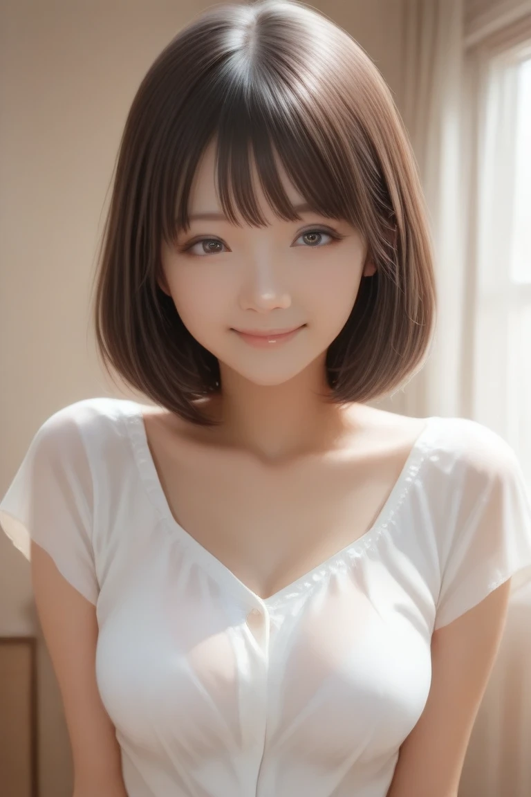 top-quality、softlight、(depth of fields)、超A high resolution、(Photorealsitic:1.4)、Raw photography、(portlate:1.4)、1 Japan Female、22year old、独奏、cute little、(A smile: 1.1)、(Brown-eyed)、detailed beautiful faces、(Shorthair)、a bed
